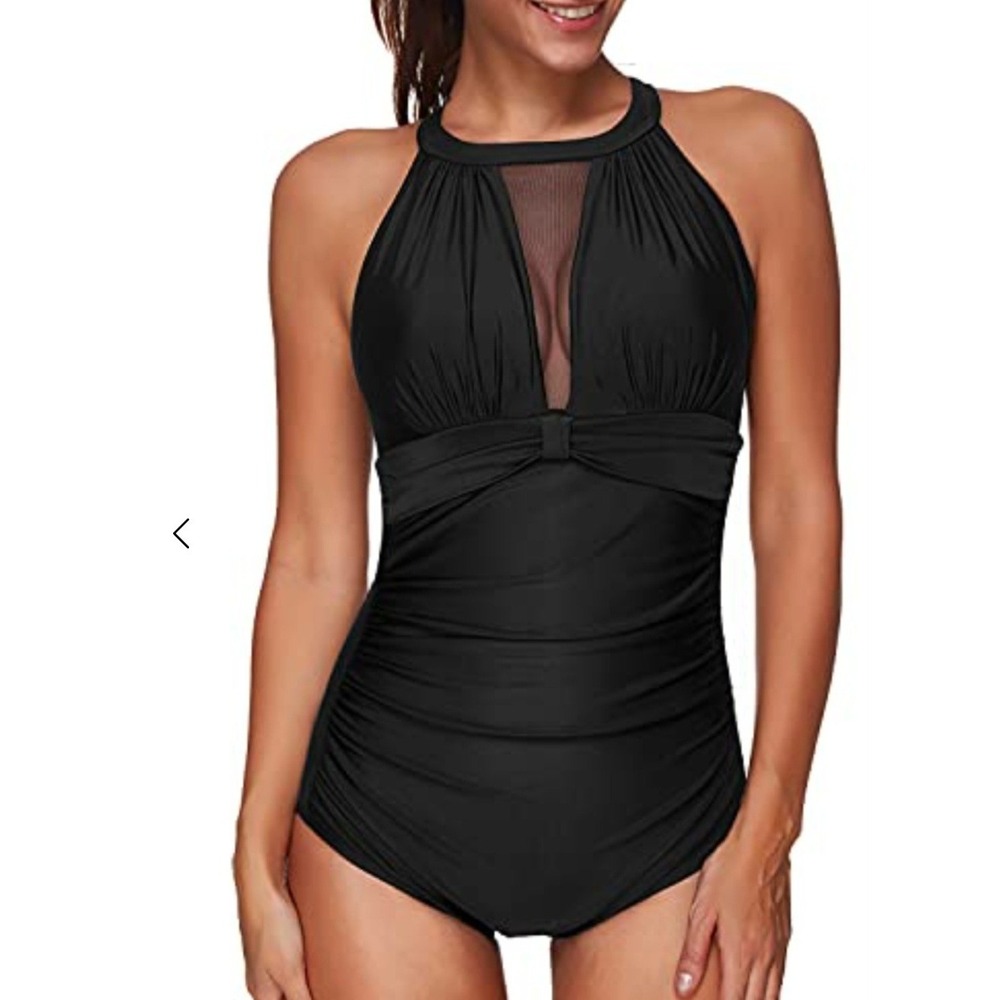NWT Tempt Me Womens Size Medium Black High Neck Plunge Mesh Ruched Monokini